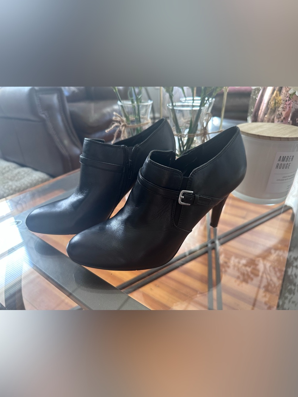 Nine West Black Leather High-Heeled Ankle Booties with Buckle Accent